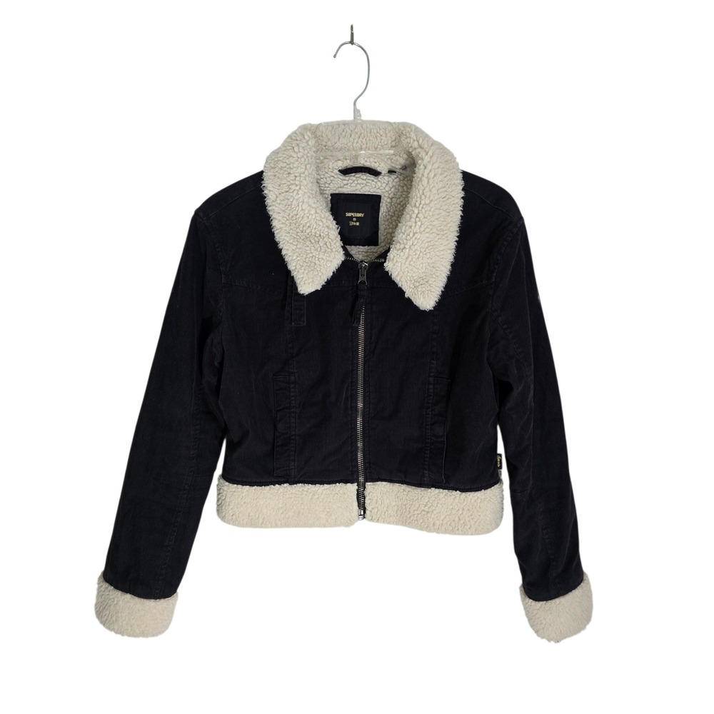 Superdry Black Corduroy Sherpa Lined‎ Trucker Jacket W5011492A Zip Up Borg Coat